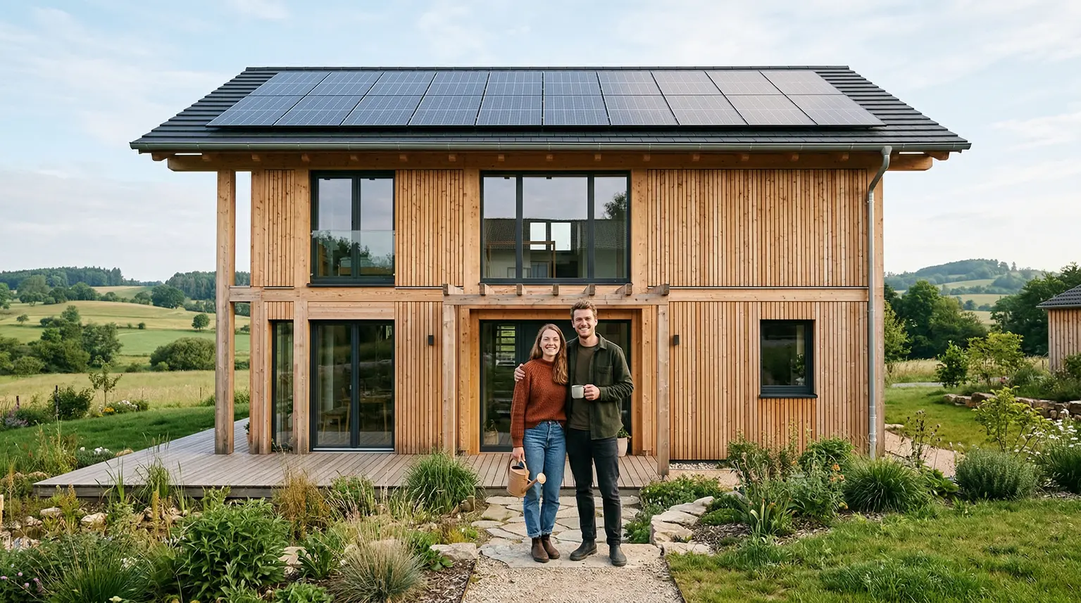 Eine junge Familie vor ihrem neu gebauten, klimafreundlichen KfW-Effizienzhaus Eine junge Familie vor ihrem neu gebauten, klimafreundlichen KfW-Effizienzhaus